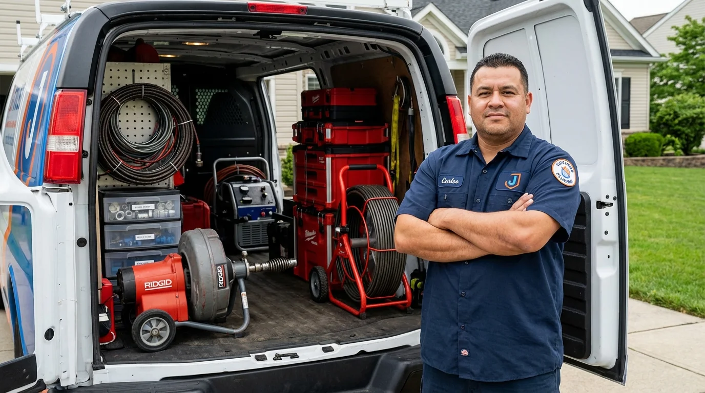 Professional drain cleaning equipment and Johns Plumbing LLC plumber in Rushford