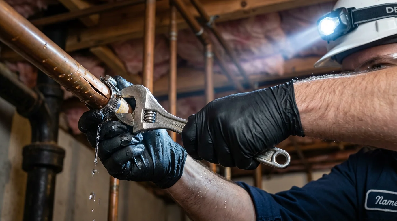 Emergency pipe clamp repair being performed by a Johns Plumbing LLC plumber in Rushford