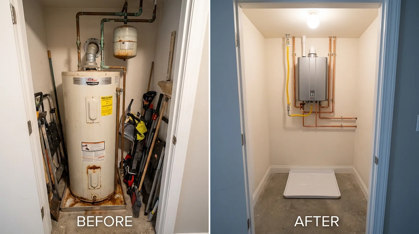 Tank water heater versus wall-mounted tankless unit comparison for Rushford, MN homeowners