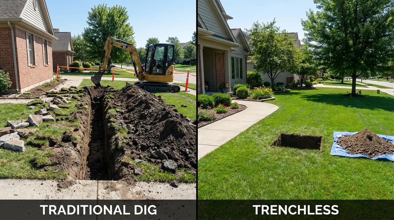 Trenchless sewer repair with minimal yard damage versus traditional excavation in Rushford, MN