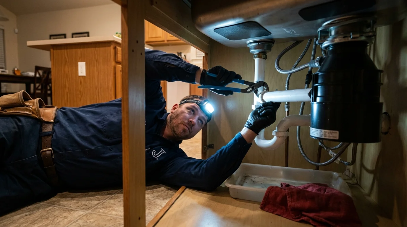 P-trap and supply line connections under a kitchen sink showing a common leak point in Rushford, MN